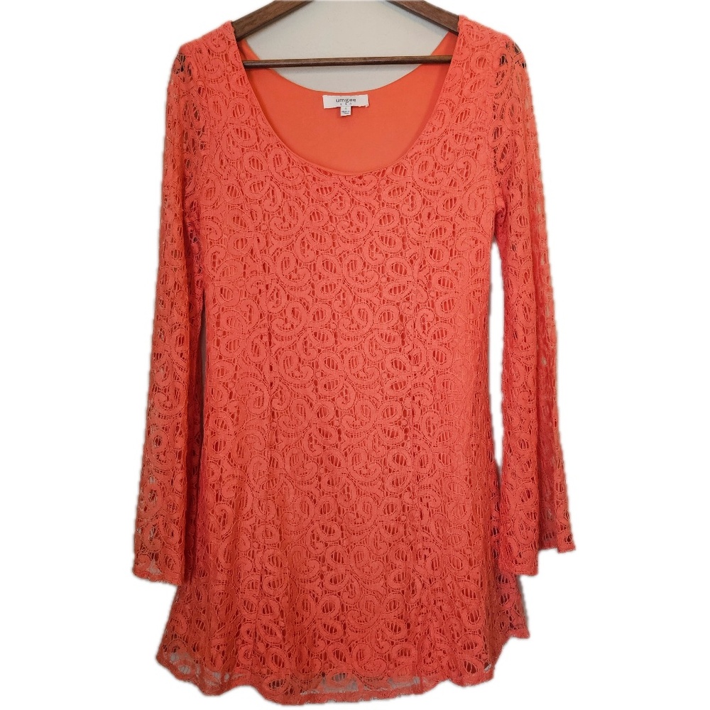 Umgee USA Blouse Womens S Orange Tunic Scoop Neck‎ Crochet Bell Sleeve Lined